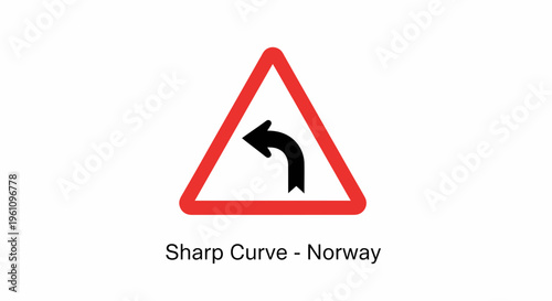 Red triangular road sign with a black arrow indicating a sharp left curve ahead, vital for driver safety and awareness, common in Norway's traffic systems