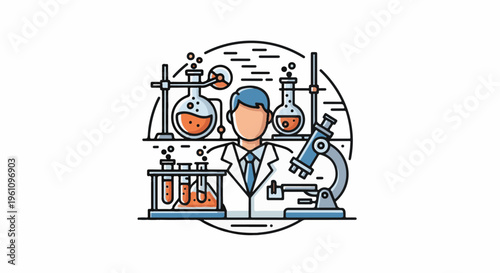 Scientist in lab coat with beakers, test tubes, and microscope for experiments