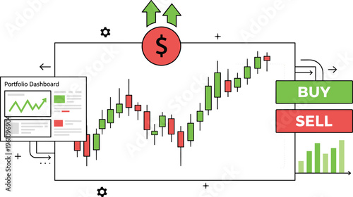 Vector illustration of stock trading interface with candlestick chart, portfolio dashboard, buy and sell buttons, and financial growth