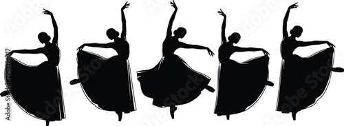 Black silhouette of elegant ballet dancers performing graceful movements in long skirts isolated on white background for minimalist dance vector design