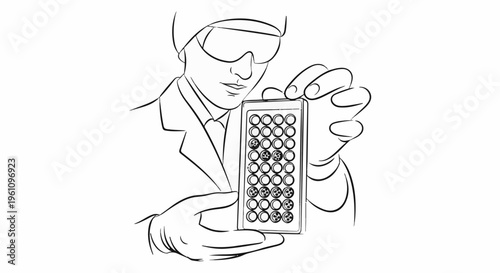 Scientist in protective gear examines a multi-well plate for experiments