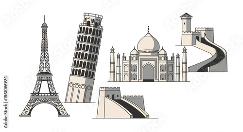 Explore the World A Collection of Famous Global Landmarks and Travel Destinations in Detailed Line Art Illustrations