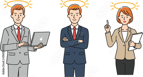 Vector illustration of three business professionals with glowing halos symbolizing ethical leadership, integrity, and virtuous workplace behavior