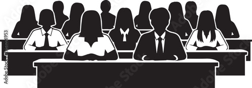 Group of students in classroom vector silhouette illustration sitting at desks in school