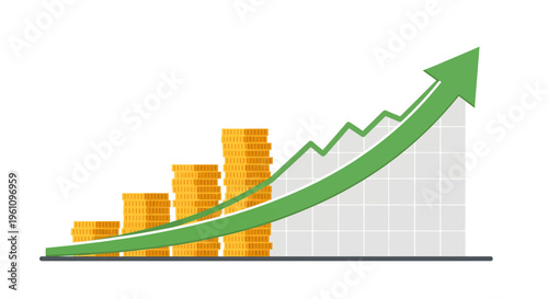 Illustration of financial growth and profit increase, represented by ascending stacks of gold coins and an upward-pointing green arrow, symbolizing successful investment and business development