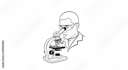 Scientist wearing protective glasses peers through a microscope