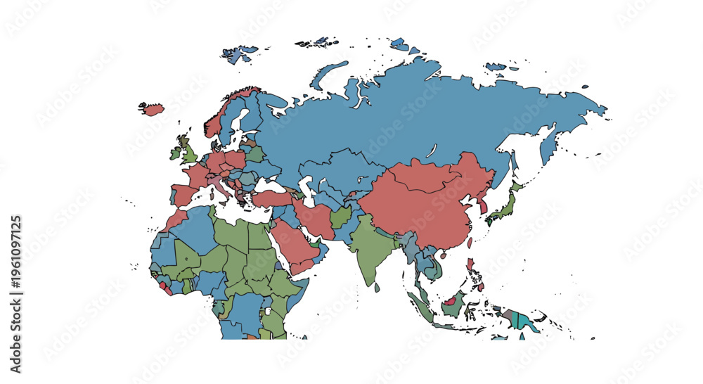 Fototapeta premium Detailed Political World Map Illustration Highlighting Geopolitical Regions Across Europe and Asia, Showcasing Diverse Data Visualization and Continental Groupings