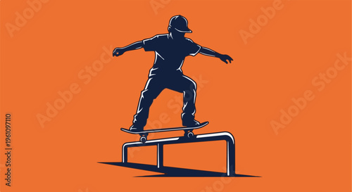 Silhouette of skateboarder grinding on a rail against an orange background