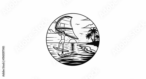 Silhouette of windsurfer on tropical beach at sunset