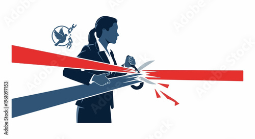 Silhouette of woman in suit cutting ribbon with scissors, dove symbol