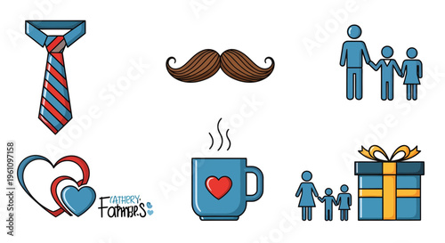 Father's Day flat design icons. Features a tie, mustache, loving family figures, hearts, mug, and gift box. Ideal for celebrating paternal love, family, and appreciation