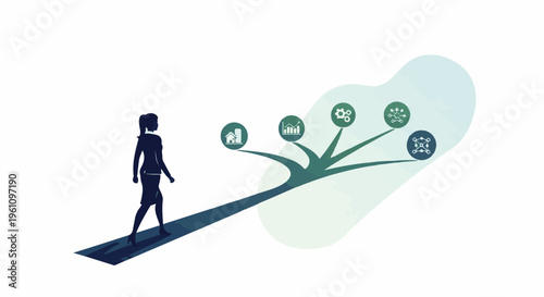 Silhouette of woman walking towards a branching path with abstract icons
