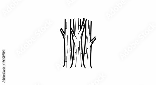 Stylized black and white depiction of a tree trunk with visible bark texture
