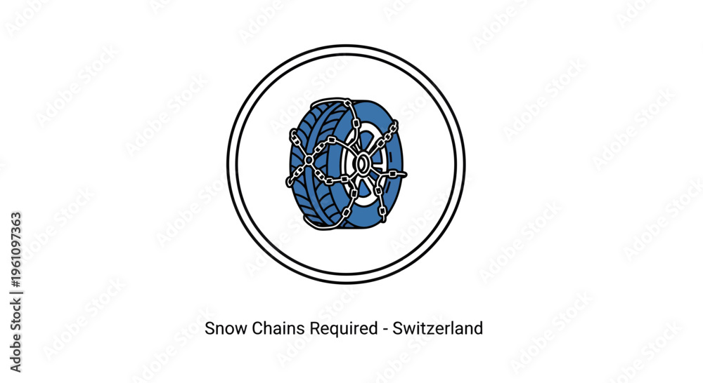 Fototapeta premium Vector graphic depicting a vehicle wheel with essential snow chains, indicating mandatory use in cold weather and icy road conditions for safe travel in mountainous terrain
