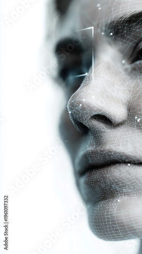 Wallpaper Mural Closeup Face With Biometric Mesh Overlay And Subtle Tear, Cold Clinical Tones Emphasize Vulnerability Under Facial Recognition And Digital Identity Crisis, Tension Between Data And Self Torontodigital.ca