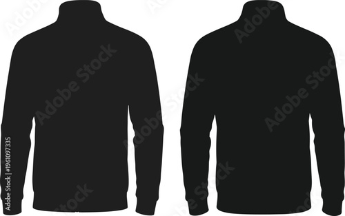 Vector illustration of two black jacket silhouettes with high collars, ribbed cuffs, and waistband showing garment design variations