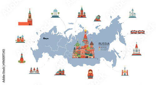 A rich collection of Russia's most iconic architectural landmarks and cultural symbols, artfully presented on a detailed geographical map, offering a visual journey of its vast heritage