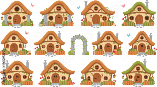 Vector illustration of twelve whimsical cottages with unique designs, fairy-tale decorations, and cozy fantasy village atmosphere