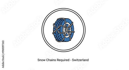 Vector graphic depicting a vehicle wheel with essential snow chains, indicating mandatory use in cold weather and icy road conditions for safe travel in mountainous terrain