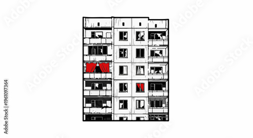 Stark, graphic depiction of a multi-story residential building with many broken windows