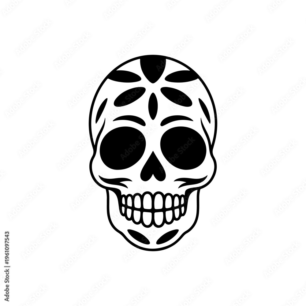 Obraz premium A black and white vector illustration of a Mexican sugar skull (Calavera) with floral eye patterns and decorative motifs. Ideal for Day of the Dead themed designs.