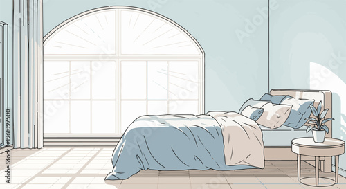 Serene bedroom scene with a large arched window, bed with soft bedding, and side table