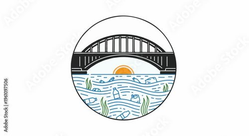 Stylized circular graphic shows a bridge over polluted water with plastic waste