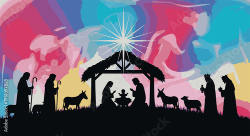 Silhouette nativity scene with colorful abstract background and star