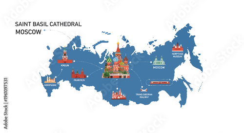 Dynamic illustration of Russia's diverse geography, featuring prominent cultural landmarks and popular tourist destinations spread across the vast nation