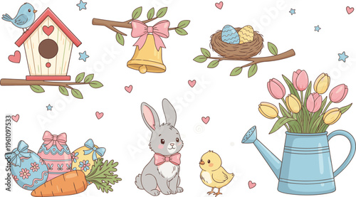 Festive vector illustration of spring and Easter elements including bunny, chick, birdhouse, eggs, tulips, carrot, and decorations