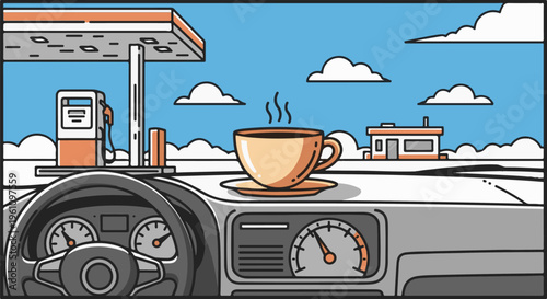 Steaming coffee cup on car dashboard at gas station under blue sky