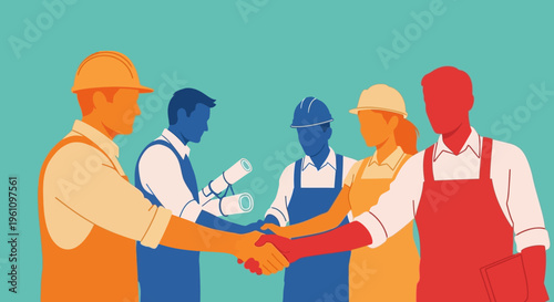 Diverse Construction Team and Engineers Shaking Hands, Professional Partnership and Collaborative Agreement Flat Vector Illustration