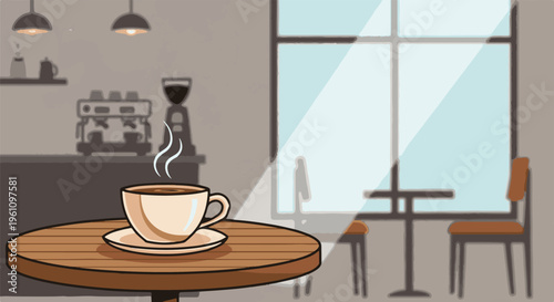 Steaming coffee cup rests on a wooden table in a cafe