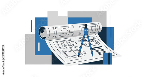 Architectural Floor Plan Blueprint with Drawing Compass Vector Illustration; Concept for Construction, Engineering, House Design, and Professional Planning