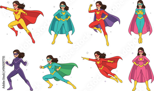 Vector illustration of diverse female superheroes in colorful costumes with capes, masks, and dynamic action poses representing empowerment