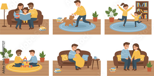 Vector illustration of cozy family activities at home including reading, dancing, cuddling, playing, and bonding moments