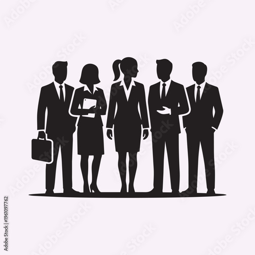 Five Business Professionals Discussion Silhouettes Team Meeting Collaboration Concept Minimal Black Vector Illustration