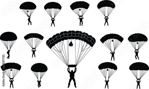 Black silhouette set of skydivers and paragliders with open parachutes falling through the sky isolated on white for adventure sports