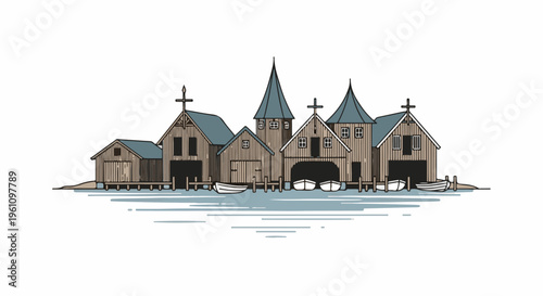 Rustic wooden boathouses with pointed roofs stand over tranquil water