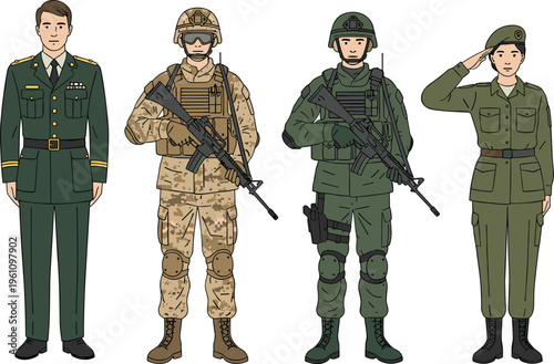 Vector illustration of four individuals in diverse military uniforms including dress, desert camouflage, jungle camouflage, and service attire