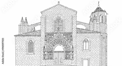 Stone church facade with arched entryway, towers, and rooftop