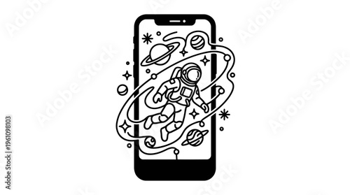 Minimalist Smartphone with Astronaut and Galaxy Line Art, Monochrome Vector Illustration of Digital Universe