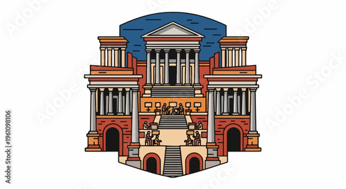 Stylized classical building with people seated on steps