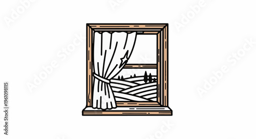 Rustic window frame opens to a rolling landscape and parted curtain