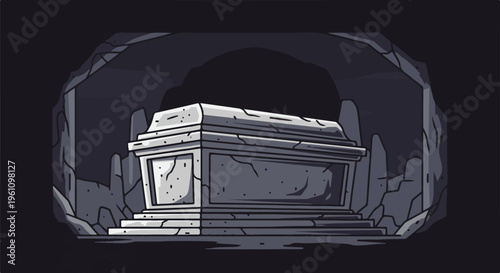 Stone sarcophagus rests on a pedestal inside a dark cavern