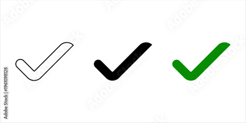 Set of three checkmark icons in outline, solid black, and green styles isolated on white background.