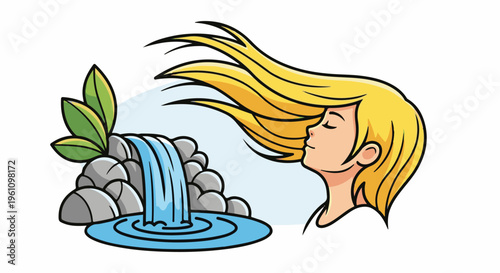 Serene blonde woman enjoying a refreshing waterfall and lush green leaves