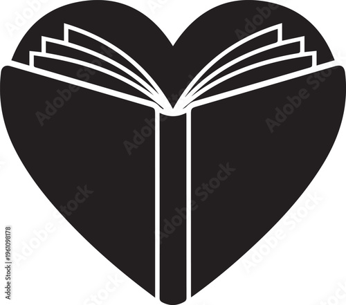Open book in heart shape vector silhouette illustration line art isolated background