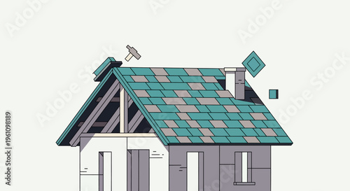 Minimalist House Construction Illustration showing Roofing Process and Home Renovation Vector Graphic