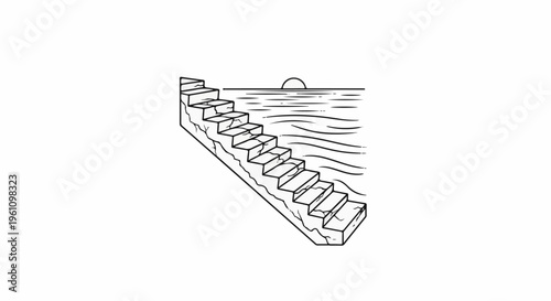 Stone steps lead down to a calm ocean with a setting sun